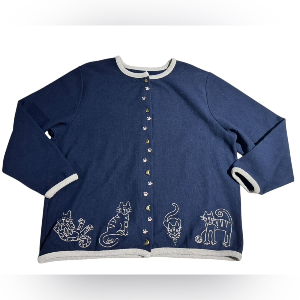 Vintage Cat Sweater Button Down Embroidered Cat Cardigan Navy Blue 1X CJ Banks
